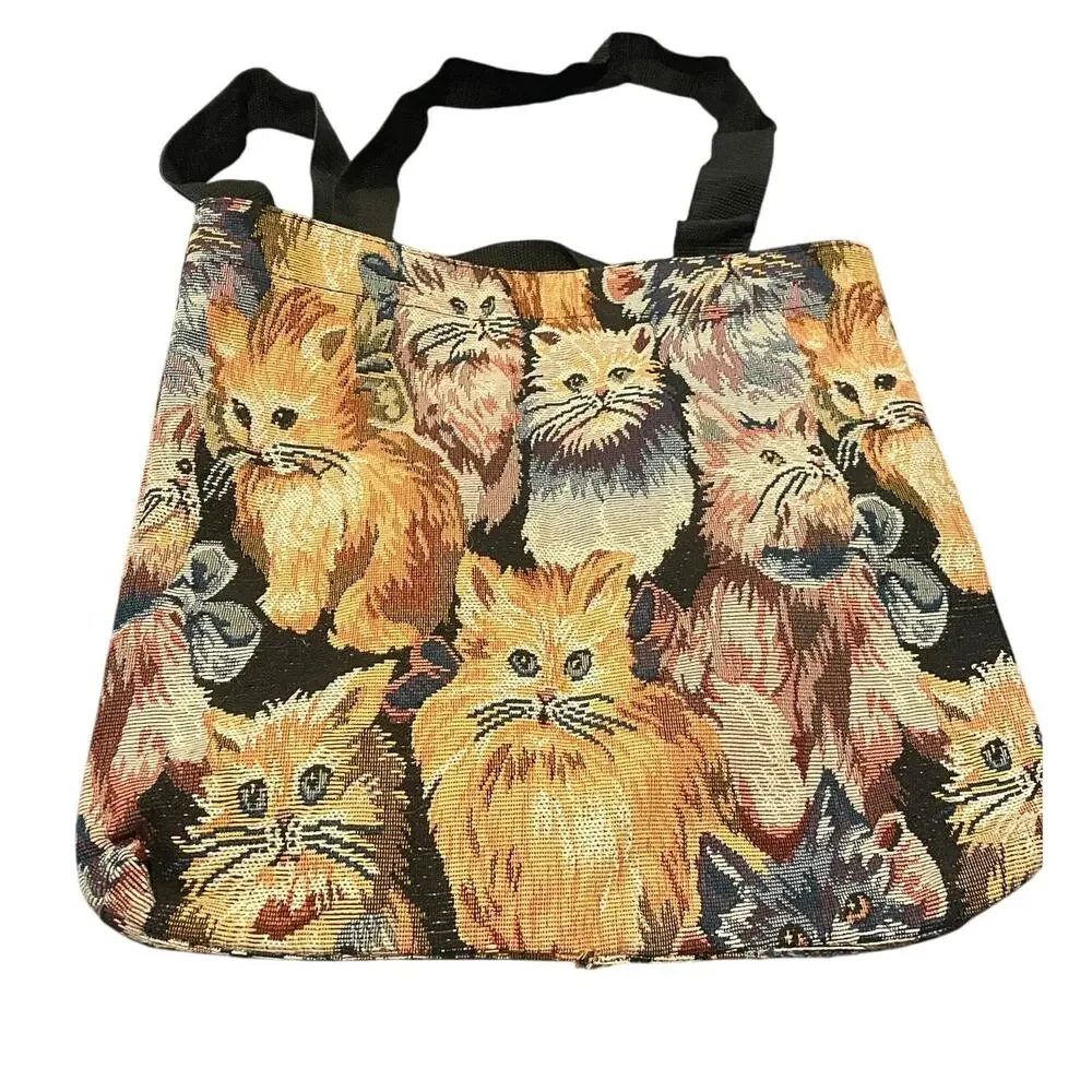 Vintage Cat Tapestry Tote Bag Woven Animal Print Shoulder Bag‎ Multicolor